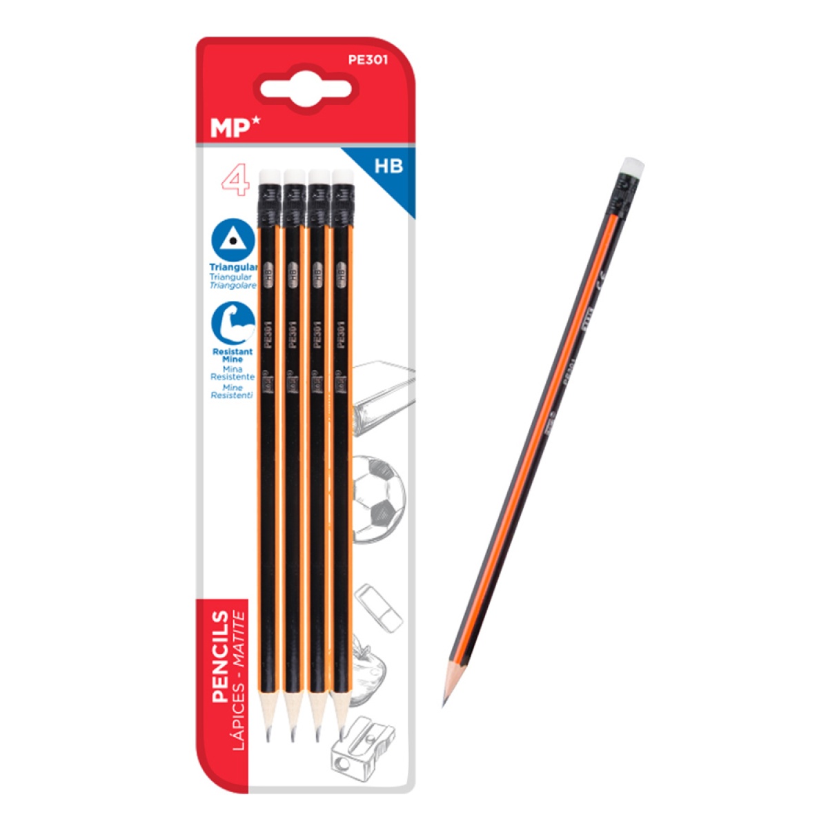 MP ξύλινο μολύβι με γόμα PE301, τρίγωνο, HB, 4τμχ - Image 1