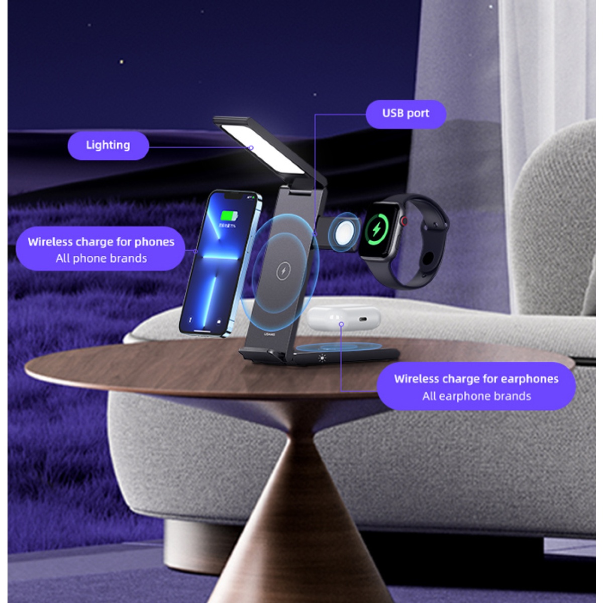 USAMS ασύρματος φορτιστής US-CD181 με φωτιστικό, 3 σε 1, 15W, μαύρος - Image 3