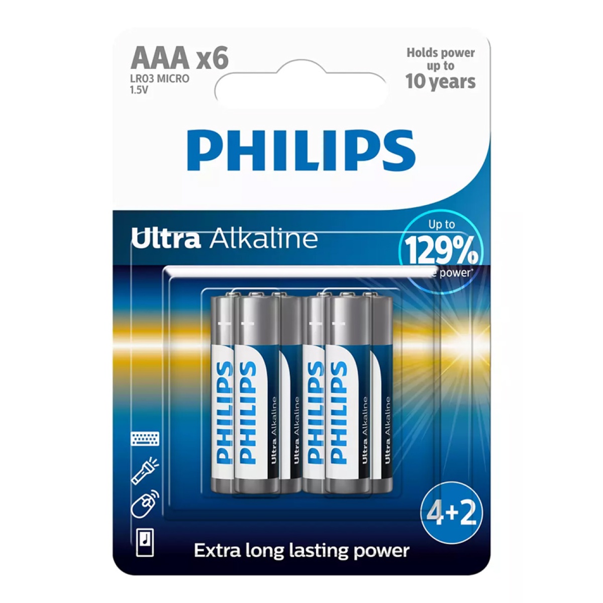 PHILIPS Ultra αλκαλικές μπαταρίες LR03E6BP/10, AAA LR03 1.5V, 6τμχ - Image 1