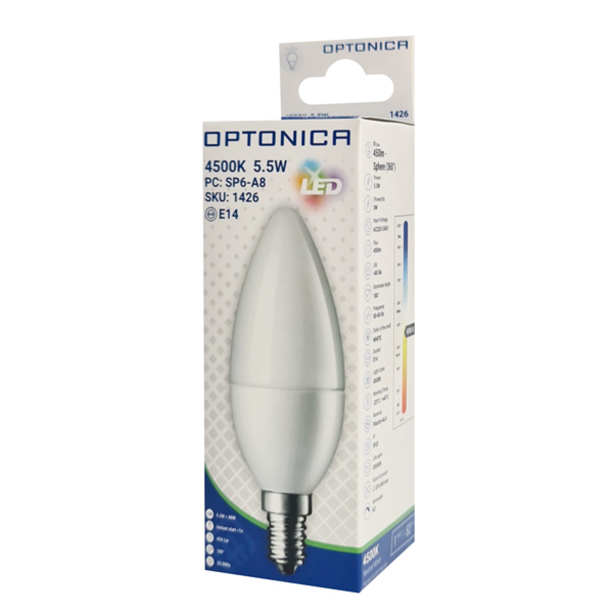 OPTONICA LED λάμπα candle C37 1426, 5,5W, 4500K, E14, 450lm - Image 3