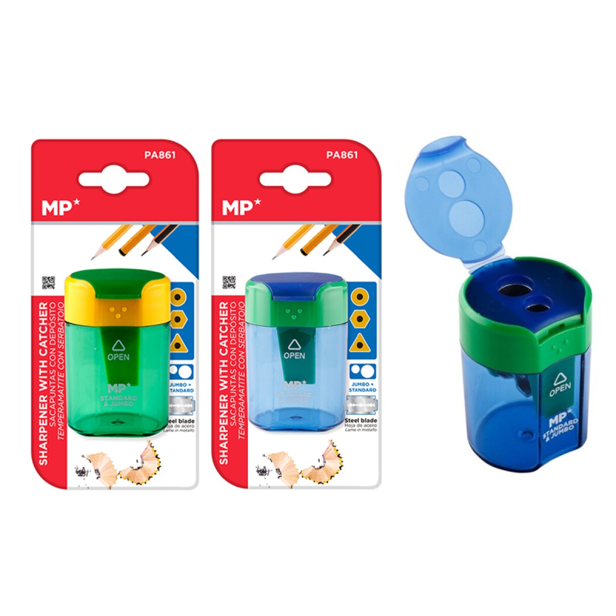 PA861 MP ξύστρα μολυβιών με κάδο PA834, 4x6cm, μπλε ή πράσινο, 1τμχ - Image 1