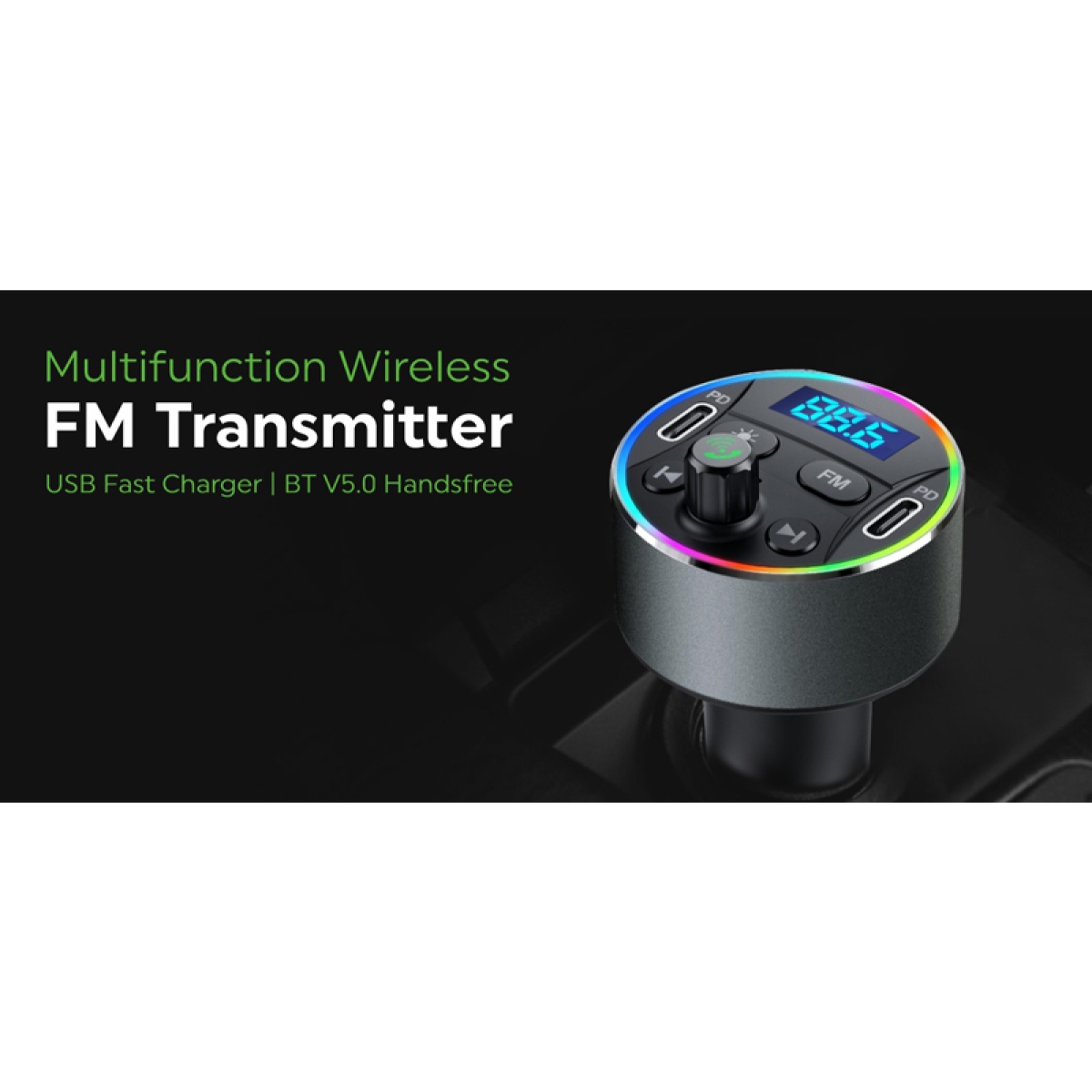 POWERTECH FM Transmitter & φορτιστής 40W PT-1027, οθόνη, RGB, Bluetooth - Image 2