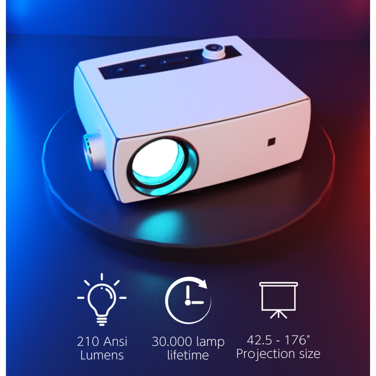 POWERTECH LED βιντεοπροβολέας PT-1158, ηχείο, 1080p, 210 ANSI lm, λευκός - Image 2