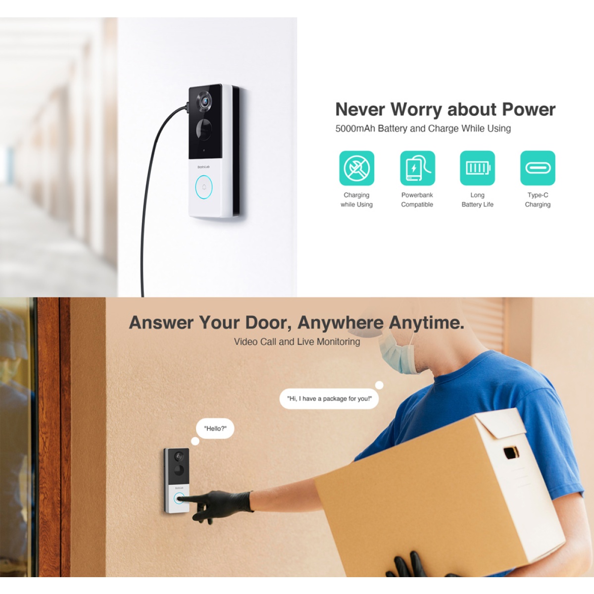 BOTSLAB smart κουδούνι με κάμερα R801, 3MP/2K, WiFi, 5000mAh - Image 4