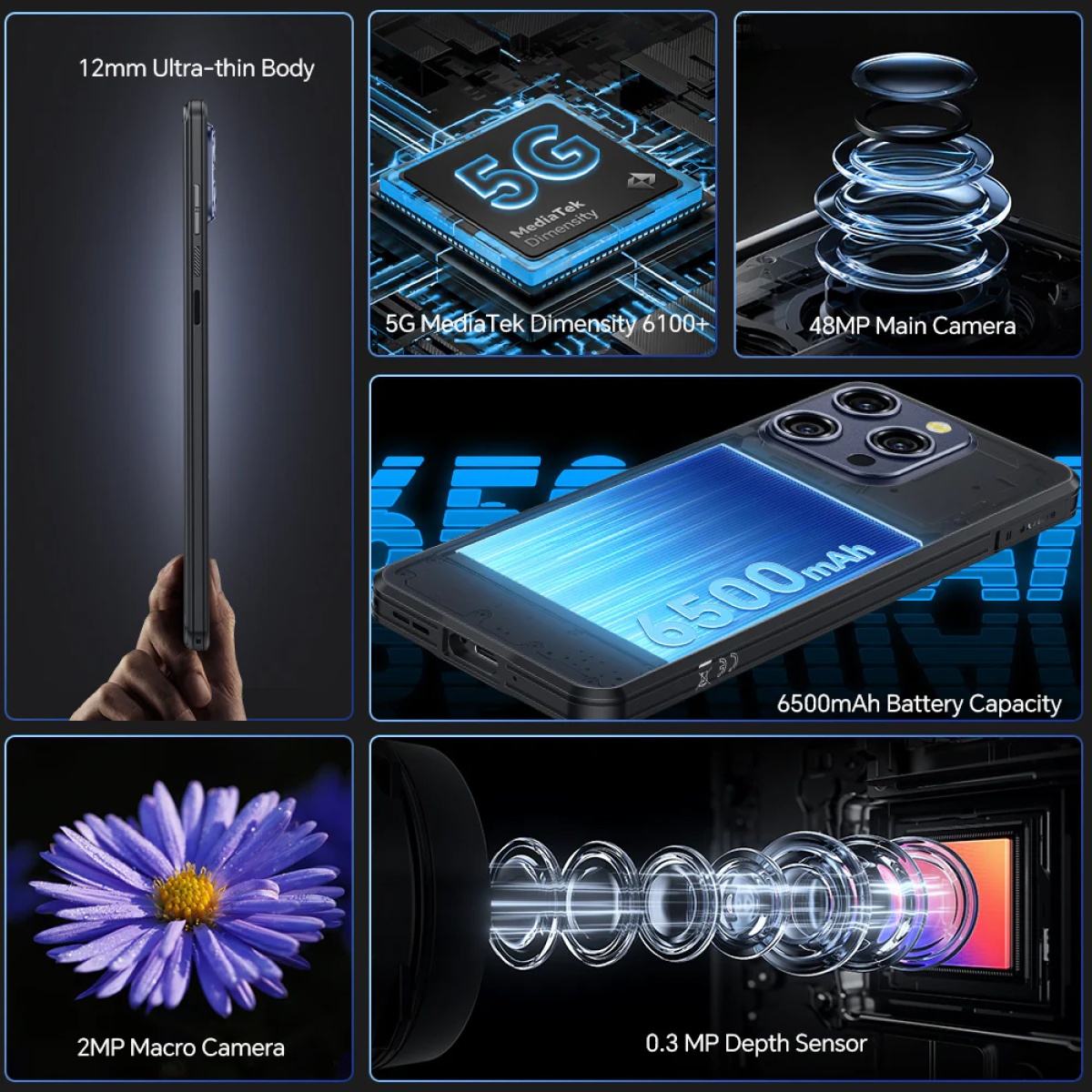 OUKITEL smartphone WP52, 6.6", 4/256GB, 5G, 6500mAh, IP68/IP69K, μαύρο - Image 6