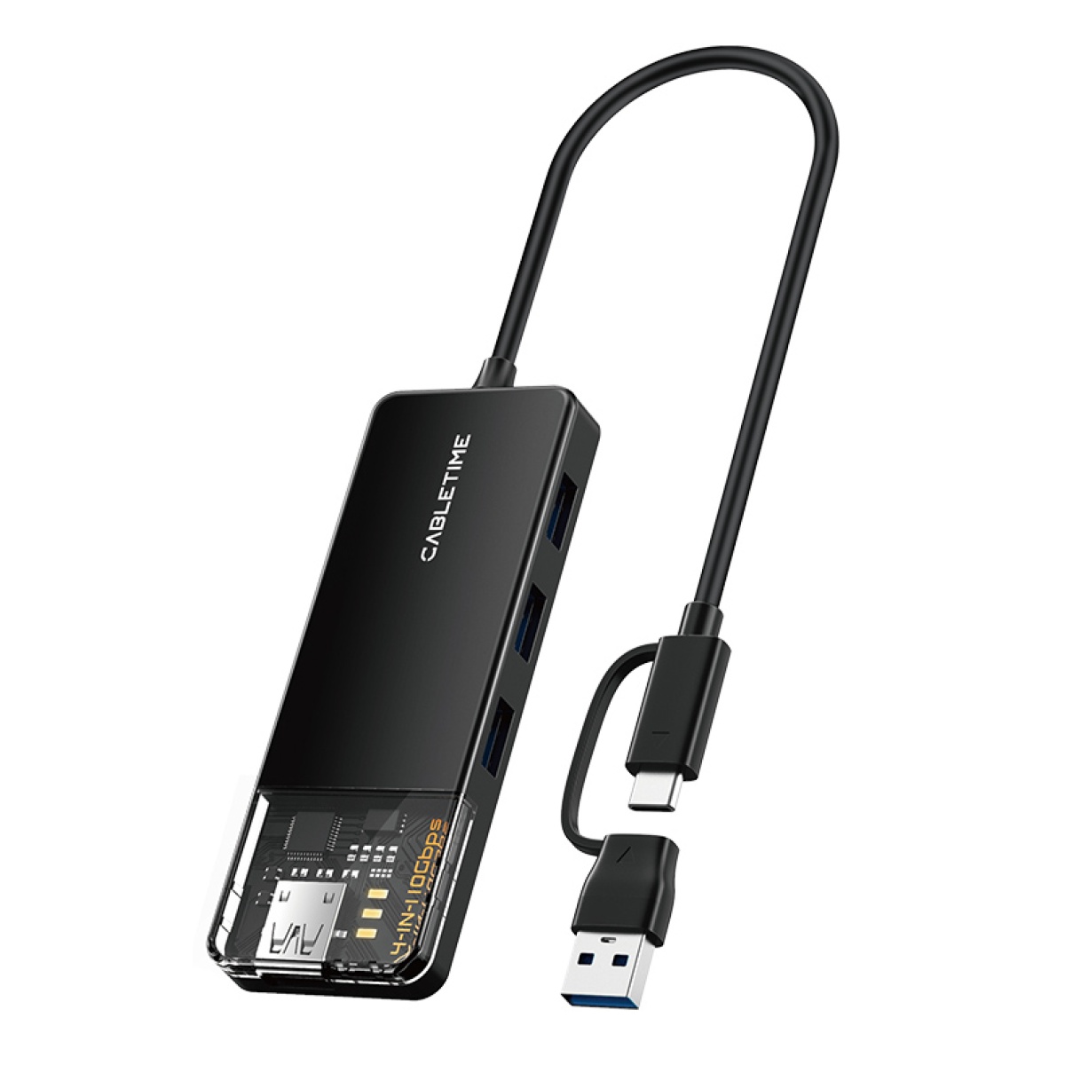 CT-HUBT5-PB CABLETIME USB hub CT-HUBT5-PB, 4x θυρών, 10Gbps, USB/USB-C σύνδεση, μαύρο - Image 1