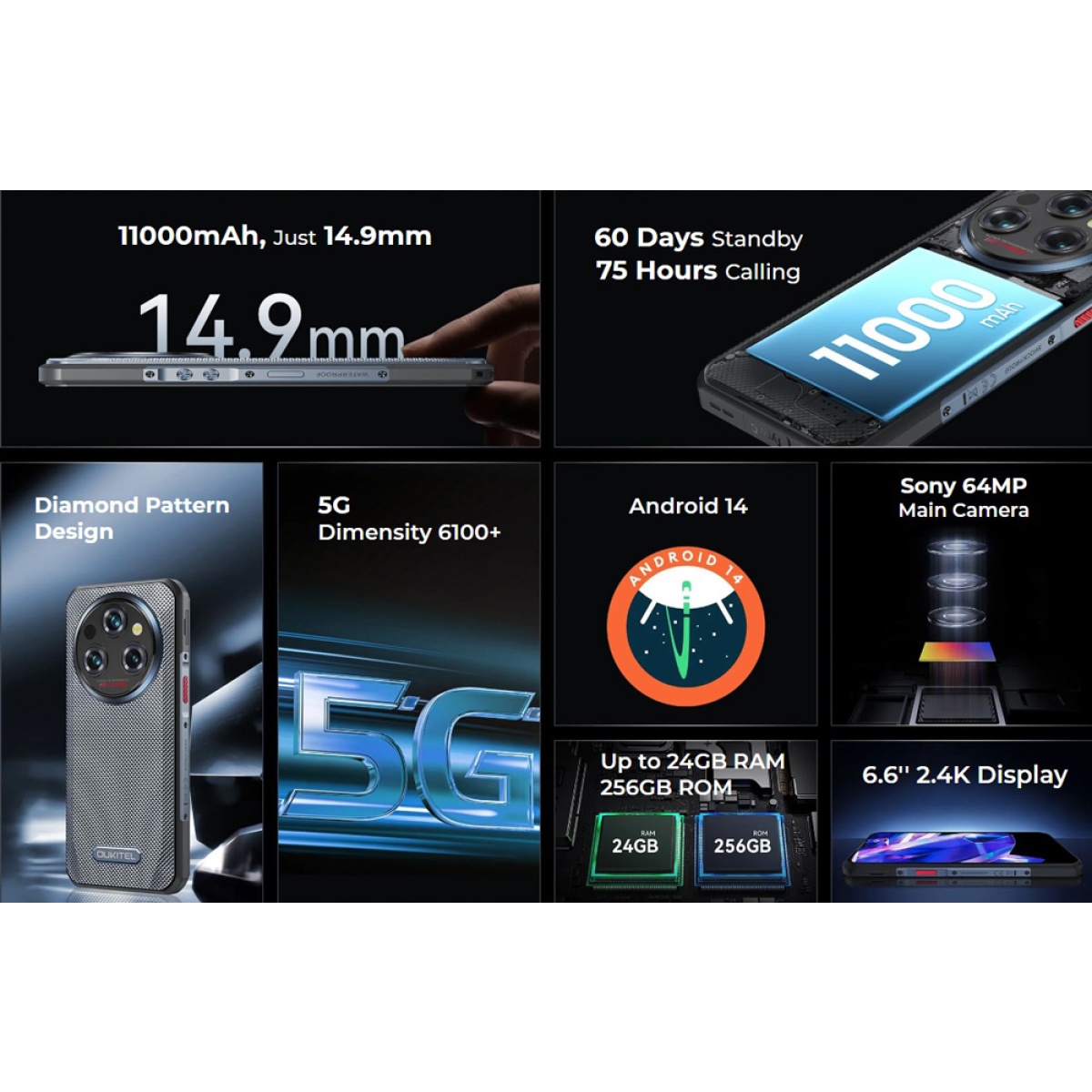 OUKITEL smartphone WP35, 6.6", 8/256GB, 5G, 11000mAh, IP68/IP69K, γκρι - Image 2