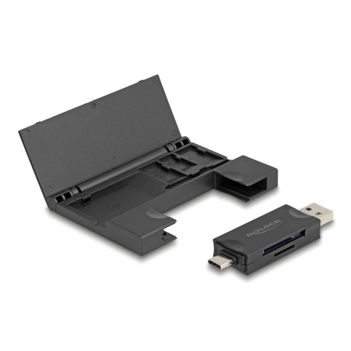 91014 DELOCK card reader 91014 για SD & micro SD, με θήκη, USB/USB-C, 5Gbps, μαύρο - Image 1