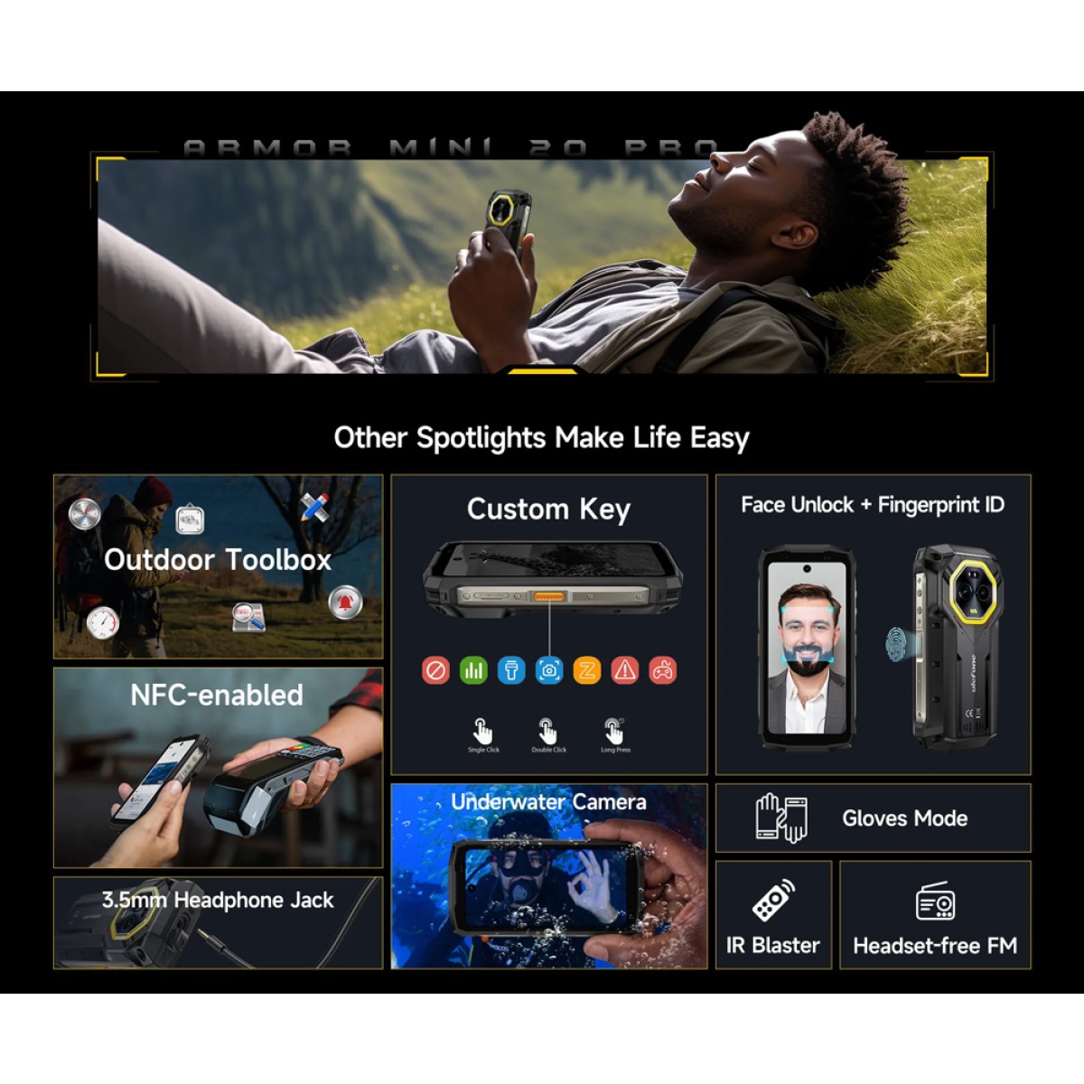 ULEFONE smartphone Armor Mini 20 Pro, 4.7", 8/256GB, 5G, 6200mAh, IP68/IP69K, μαύρο - Image 12