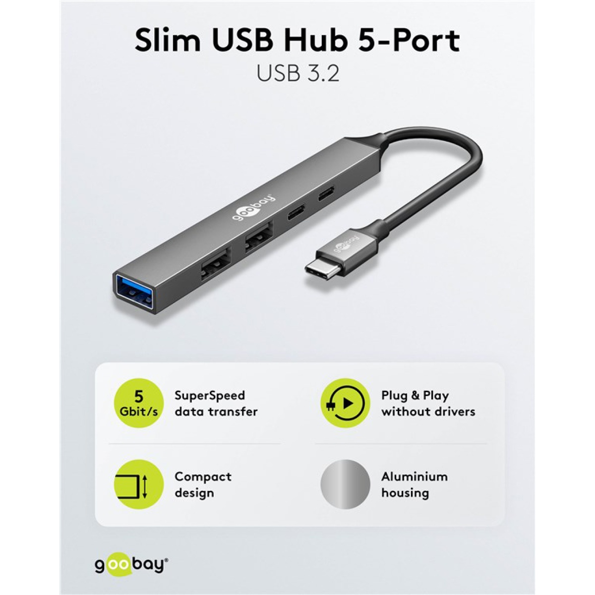 GOOBAY USB hub 74460, 5x θυρών, USB 3.2, 5Gbps, 100W, USB-C σύνδεση, γκρι - Image 5