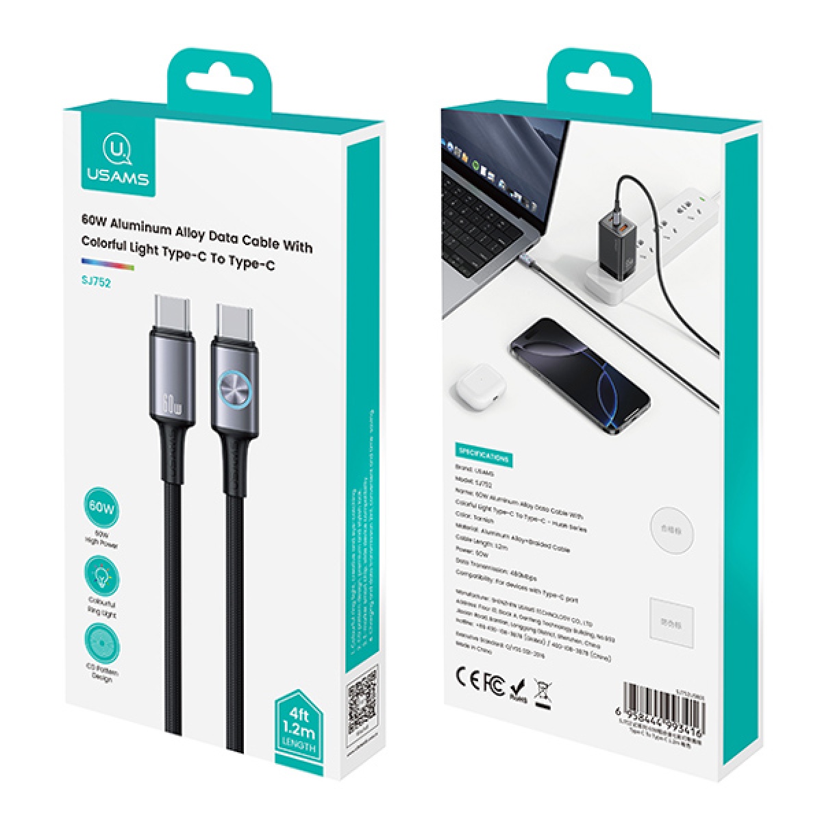 USAMS καλώδιο USB-C SJ752, 60W, 480Mbps, 1.2m, μαύρο - Image 4