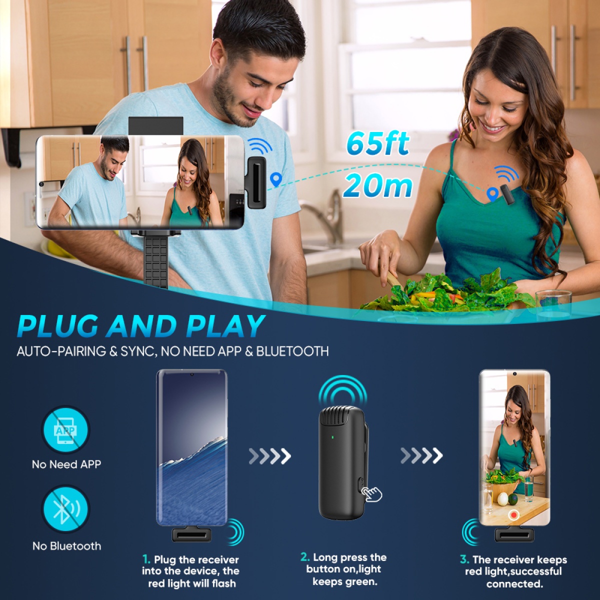 APEXEL ασύρματο μικρόφωνο APL-MIC007 με θήκη φόρτισης, USB-C, 2.4GHz, μαύρο - Image 2