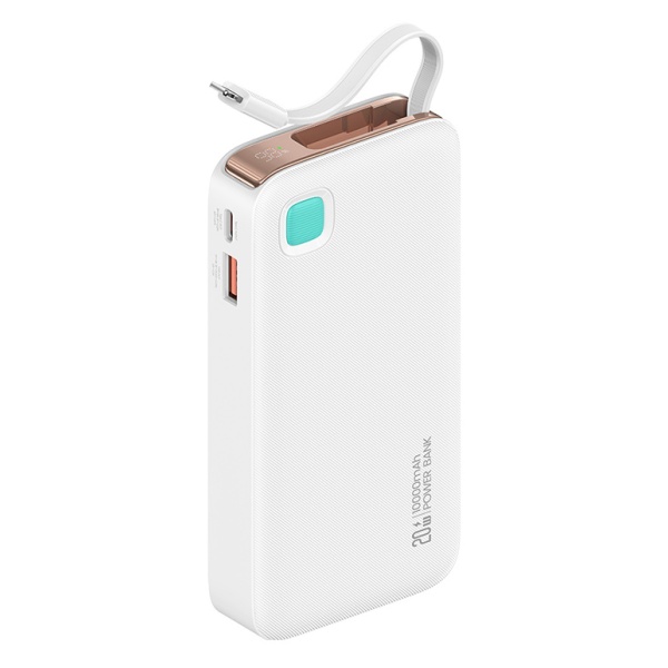 USAMS power bank CD225 με καλώδιο Lightning, 2x θύρες εξόδου, 10000mAh, 20W, λευκό