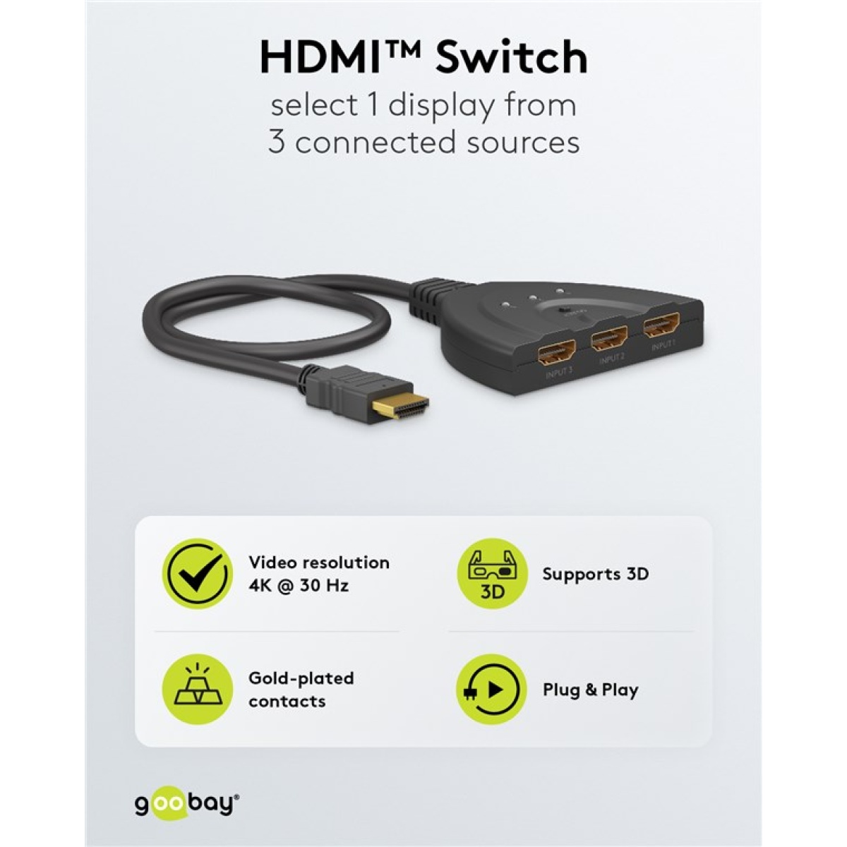 GOOBAY HDMI switch 58487, 3-in σε 1-out, 4K/30Hz, μαύρο - Image 4