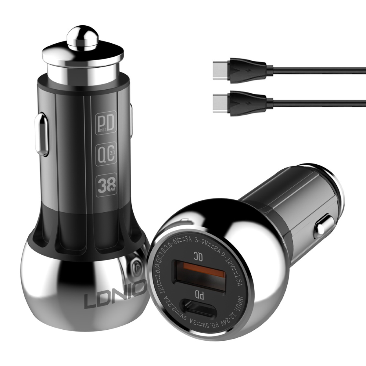 6933138618011 LDNIO φορτιστής αυτοκινήτου C1 με καλώδιο, USB & USB-C, 38W PD, μαύρος - Image 1