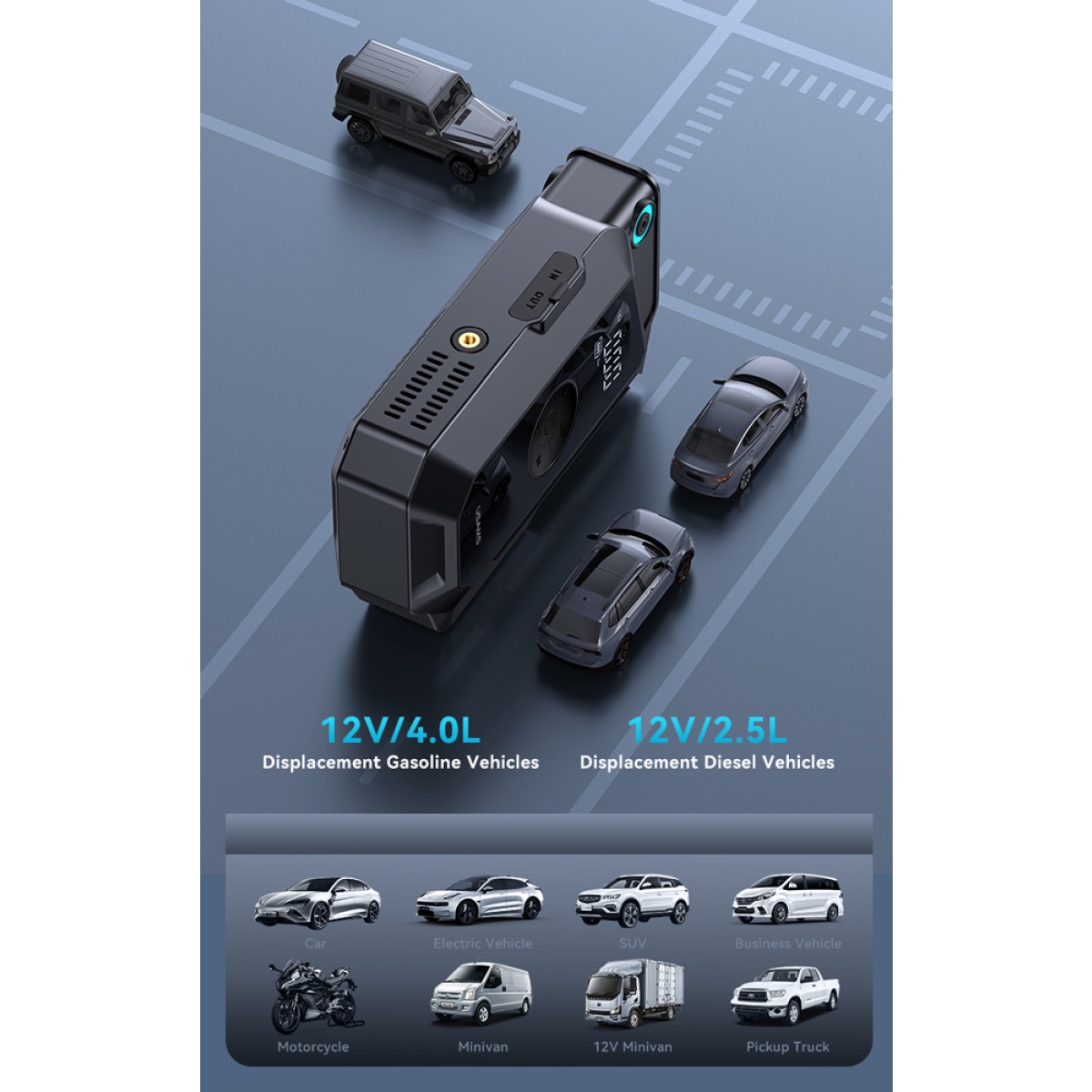 USAMS εκκινητής μπαταρίας & συμπιεστής αέρος ZB287, 12V/1000A, 150PSI, 8000mAh - Image 3