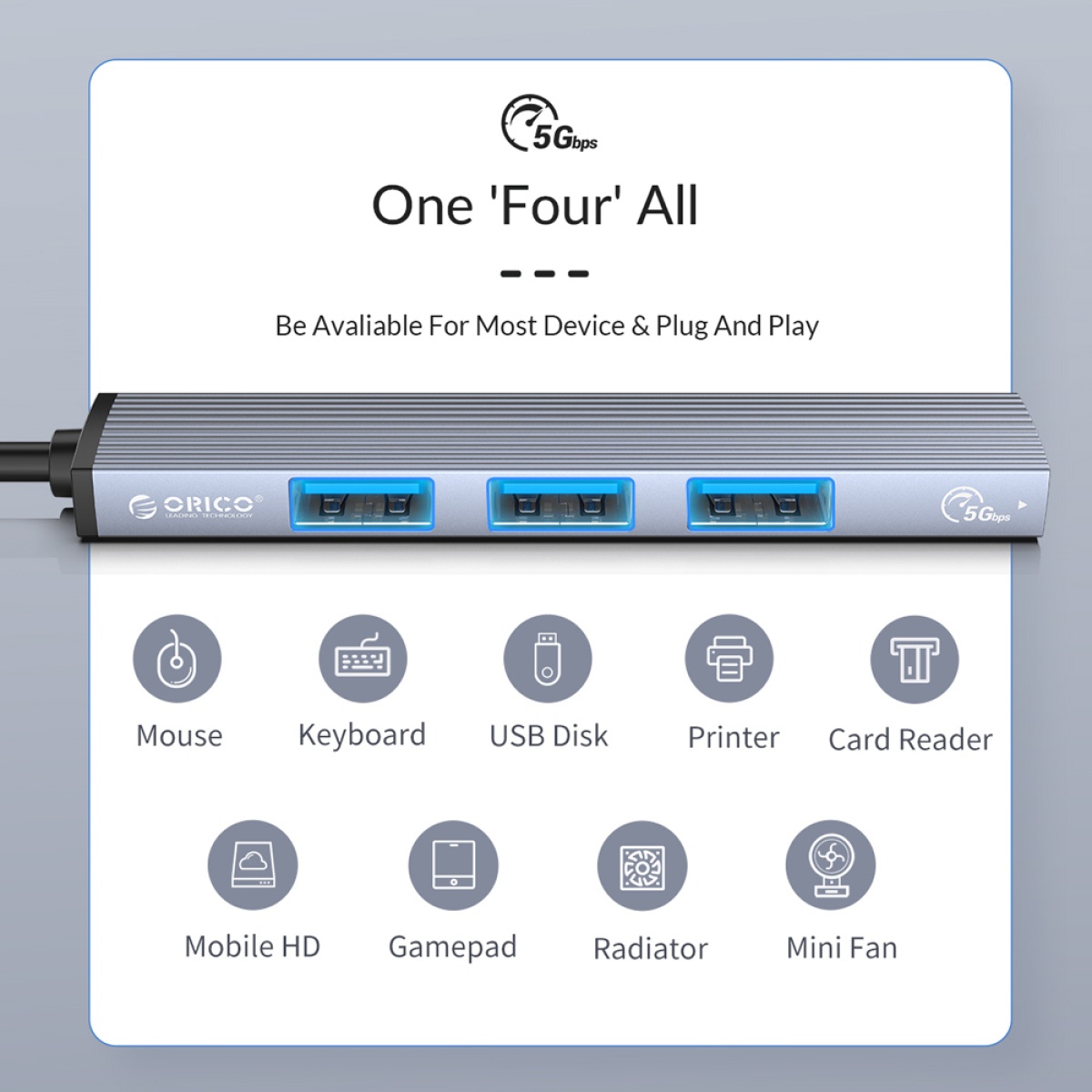 ORICO USB hub AH-13, 4x θυρών, USB 3.0, 5Gbps, USB-C σύνδεση, γκρι - Image 3