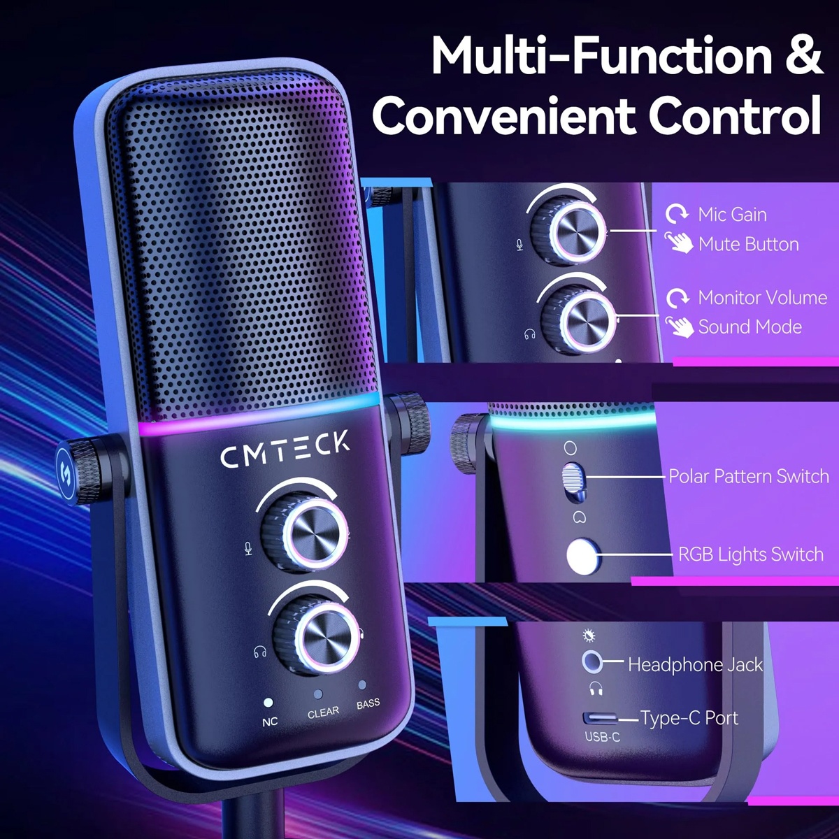 CMTECK επιτραπέζιο μικρόφωνο XM600, omnidirectional/καρδιοειδές, USB, RGB LED, μαύρο - Image 6