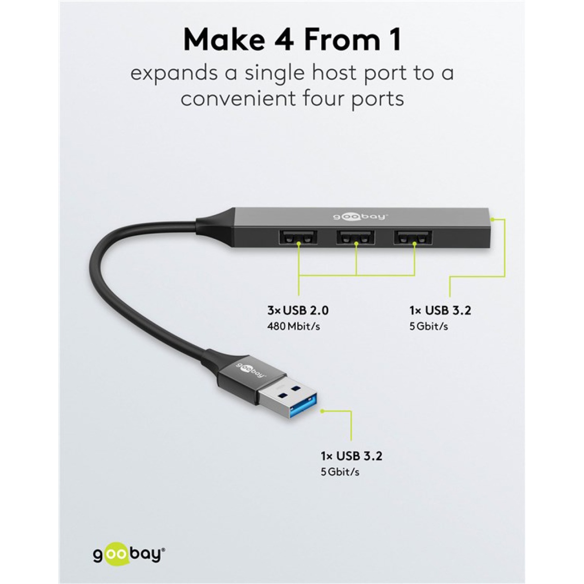 GOOBAY USB hub 74456, 4x θυρών, USB 3.2, 5Gbps, USB σύνδεση, γκρι - Image 3