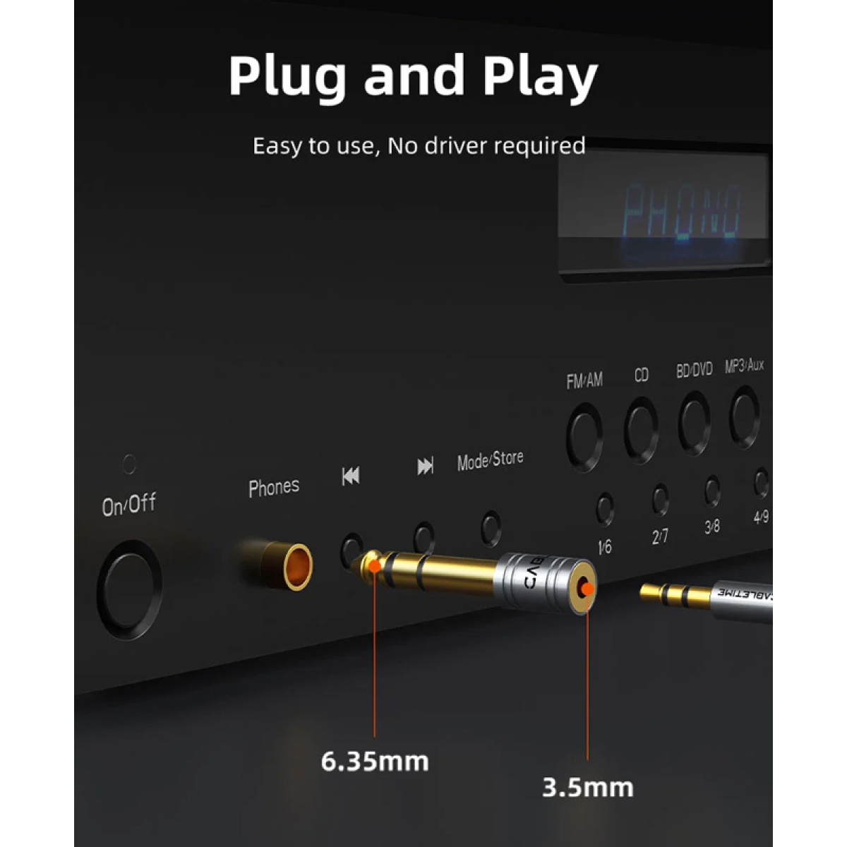 CABLETIME αντάπτορας ήχου 6.3mm σε 3.5mm CT-6M3F-AG, gold plated, γκρι - Image 2