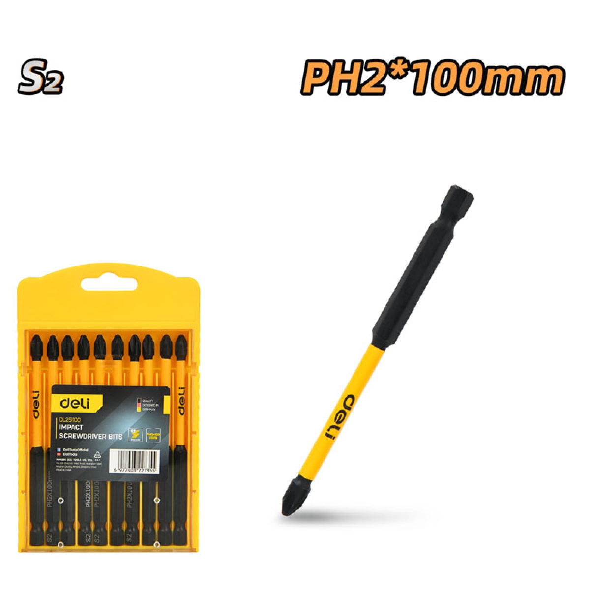 DELI σετ μύτες κατσαβιδιού DL251100 για δραπανοκατσάβιδο, σταυρωτές, PH2x100mm, 10τμχ - Image 3