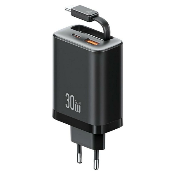 USAMS φορτιστής τοίχου CC296 με καλώδιο, USB & USB-C, 30W, μαύρος