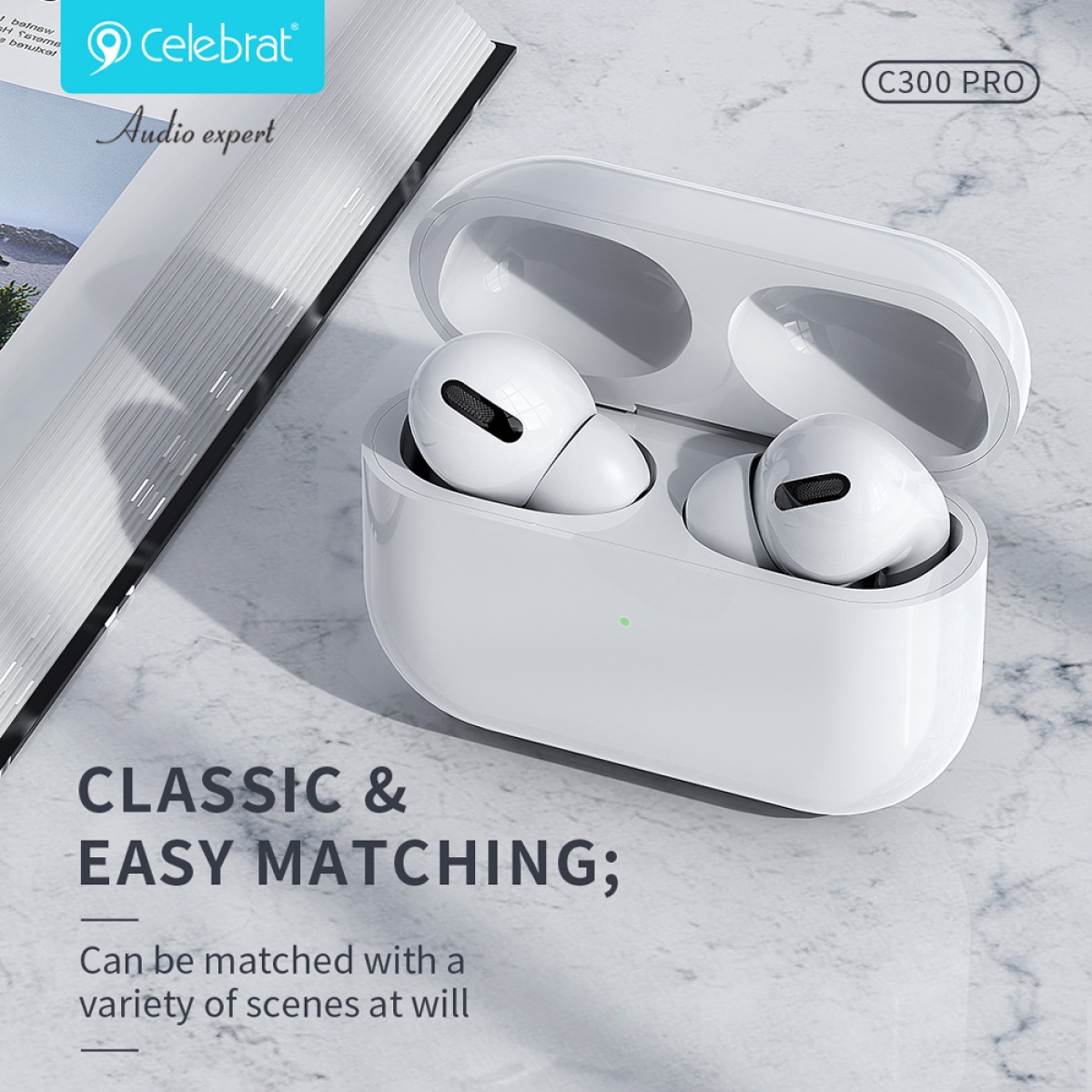 CELEBRAT earphones με θήκη φόρτισης C300 Pro, True Wireless, 13mm, 30/300mAh, λευκά - Image 5
