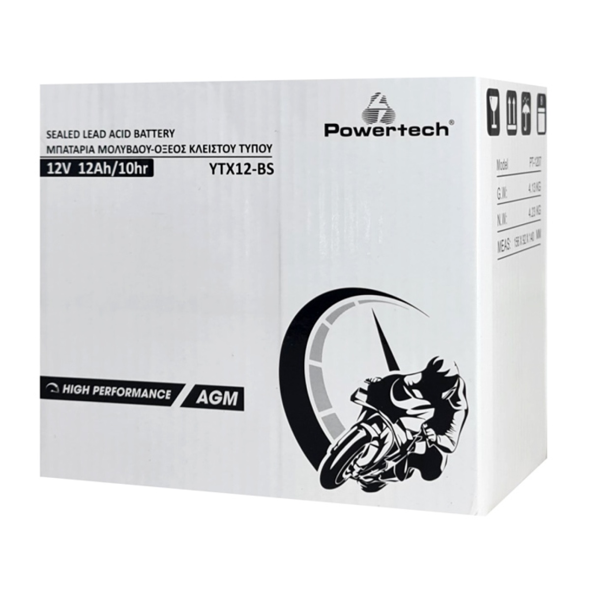 POWERTECH μπαταρία μολύβδου μοτοσυκλέτας PT-1207, 12V 12Ah AGM, YTX12-BS - Image 2