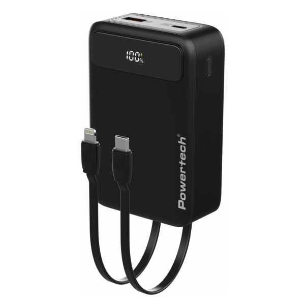 POWERTECH power bank PT-1504 με καλώδια & οθόνη, 20000mah, 22.5W, μαύρο