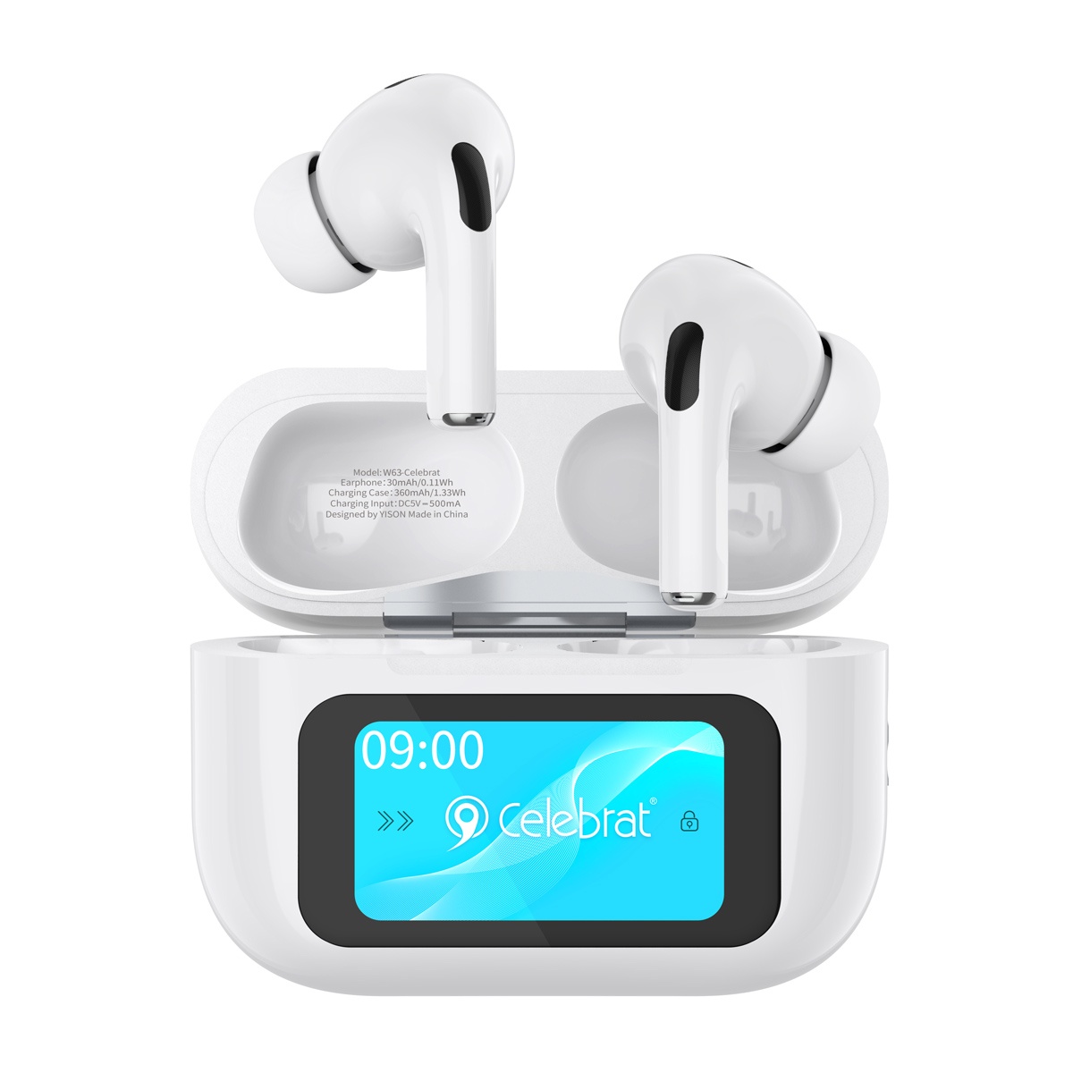 CELEBRAT earphones με θήκη φόρτισης W63, οθόνη αφής, TWS, ANC, 13mm, 30/360mAh, λευκό - Image 1
