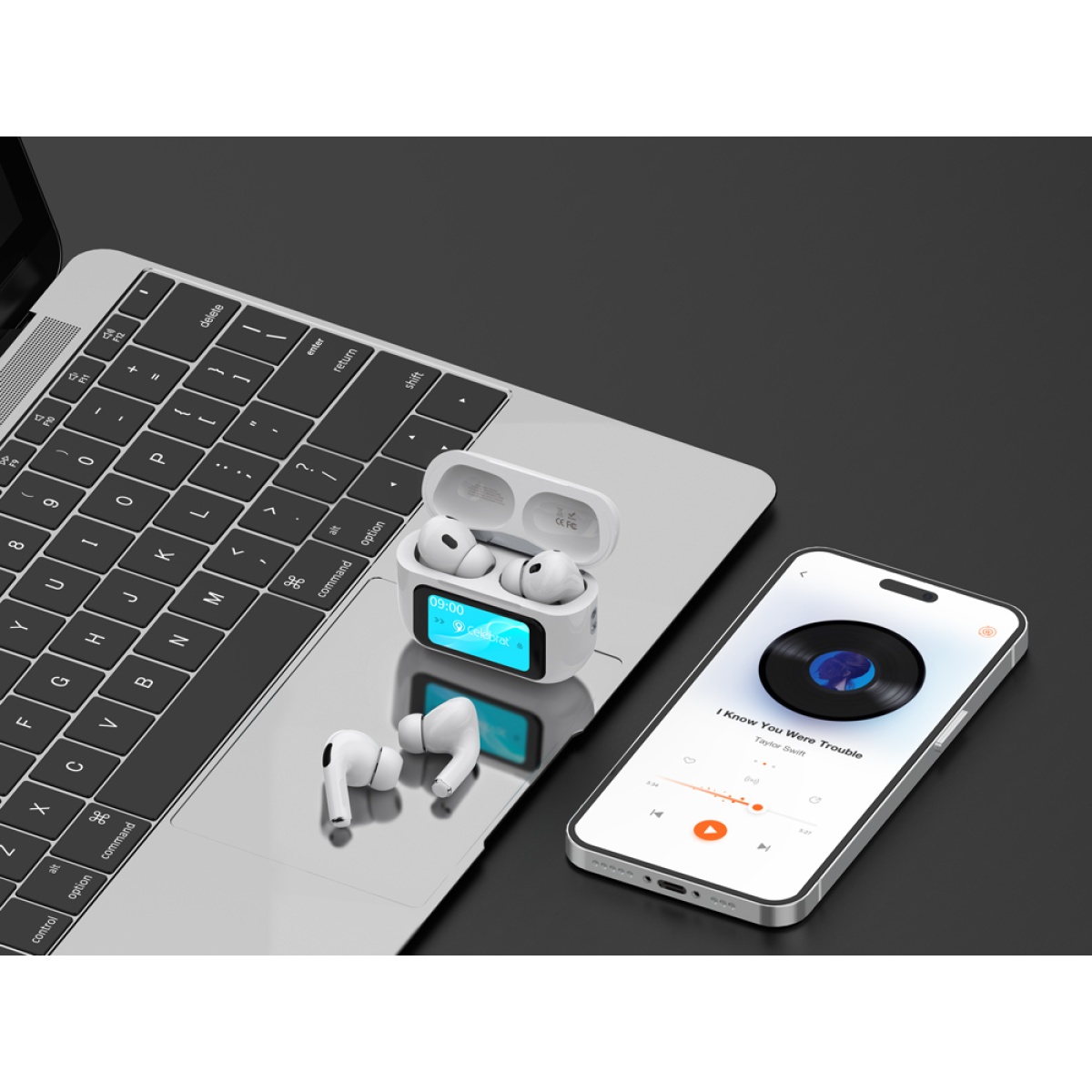CELEBRAT earphones με θήκη φόρτισης W63, οθόνη αφής, TWS, ANC, 13mm, 30/360mAh, λευκό - Image 3