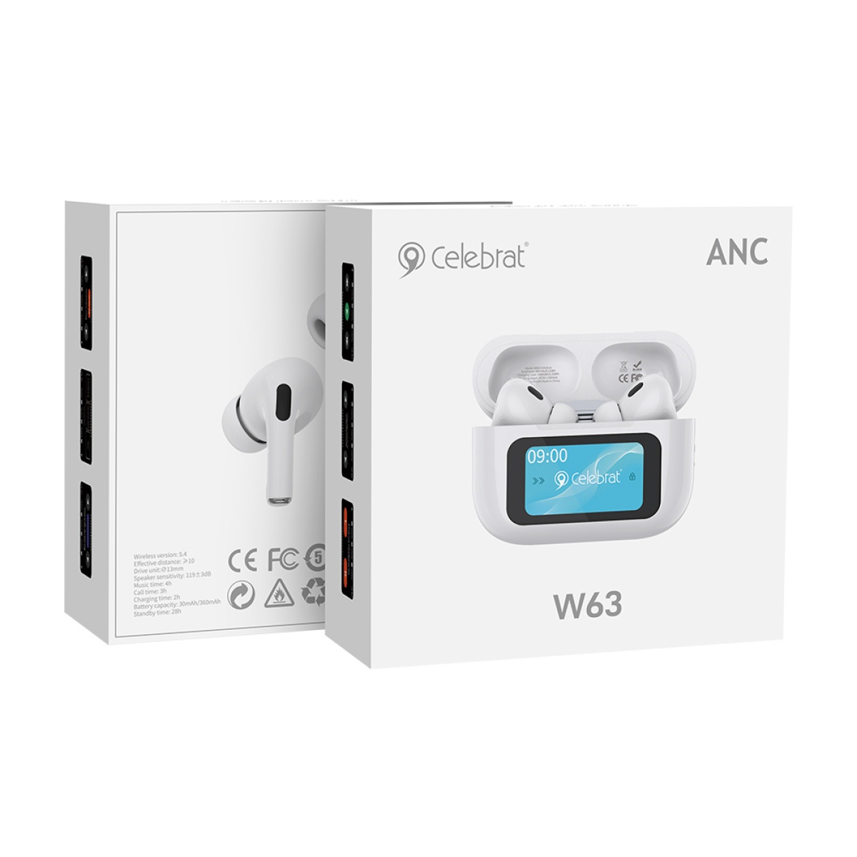 CELEBRAT earphones με θήκη φόρτισης W63, οθόνη αφής, TWS, ANC, 13mm, 30/360mAh, λευκό - Image 4