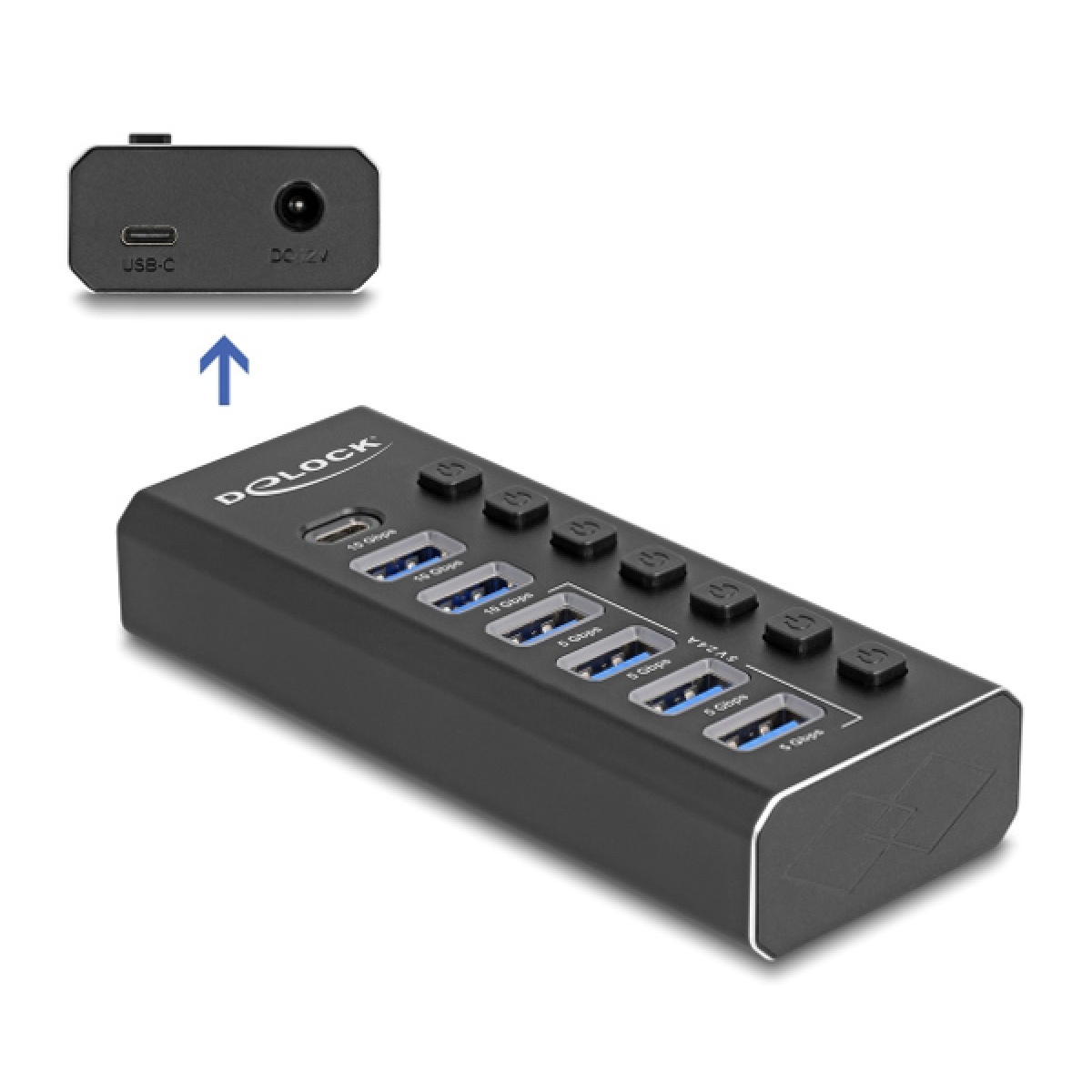 64326 DELOCK USB hub 64326 με διακόπτες, 7x θυρών, 10Gbps, USB/USB-C σύνδεση, μαύρο - Image 1